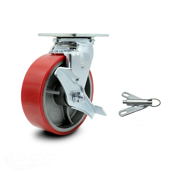 6 Inch Red Poly on Cast Iron Caster with Roller Bearing and Brake/Swivel Lock